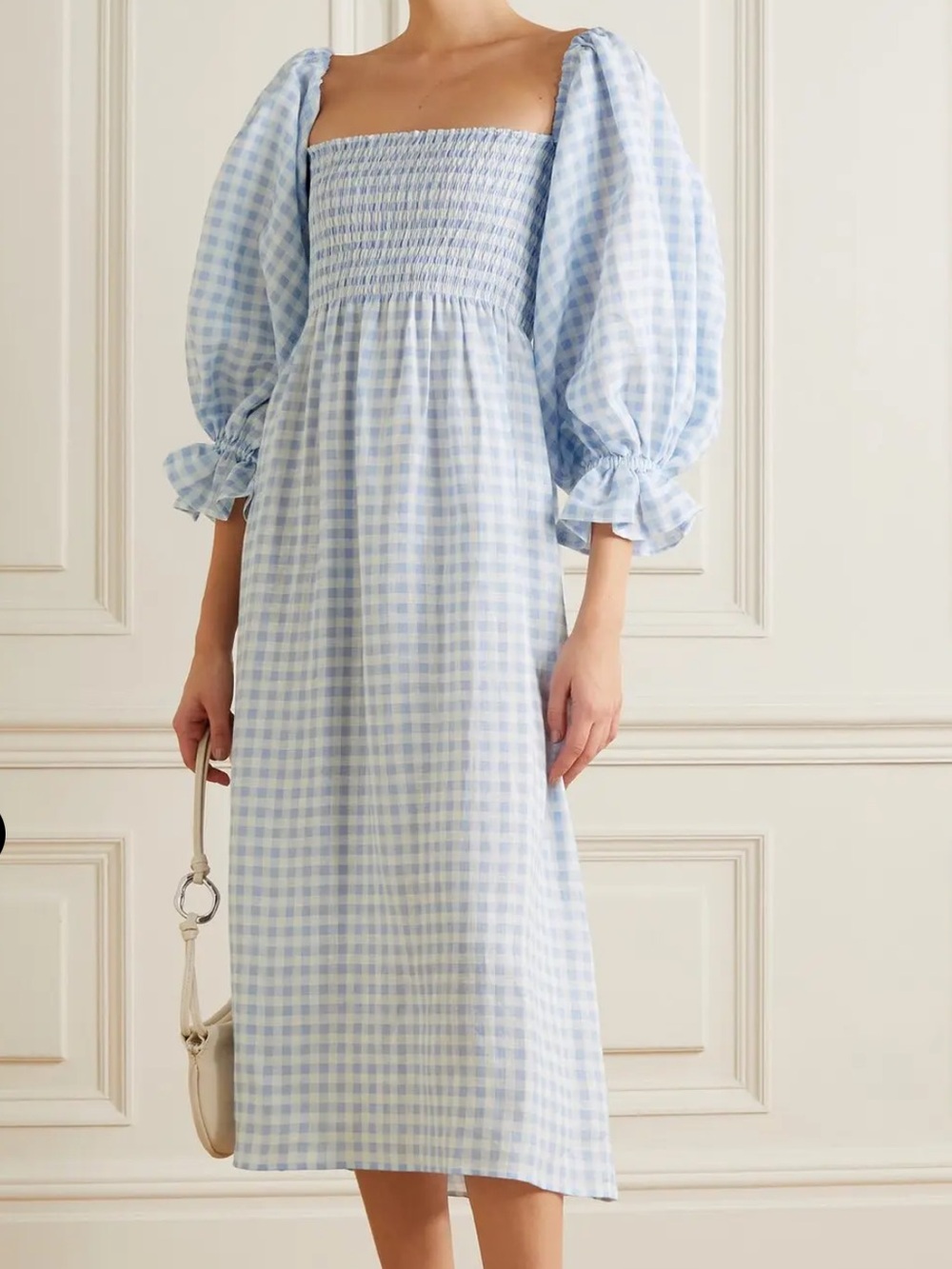 Sleeper Atlanta Linen Midi Dress Size XS Blue Gingham Smocked